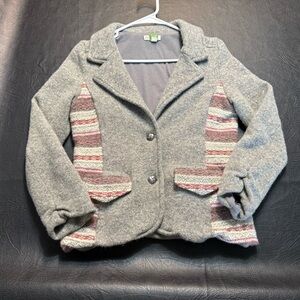 Anthropologie ETT Twa Wool Blend Cropped Blazer Jacket Fair Isle Gray Size L